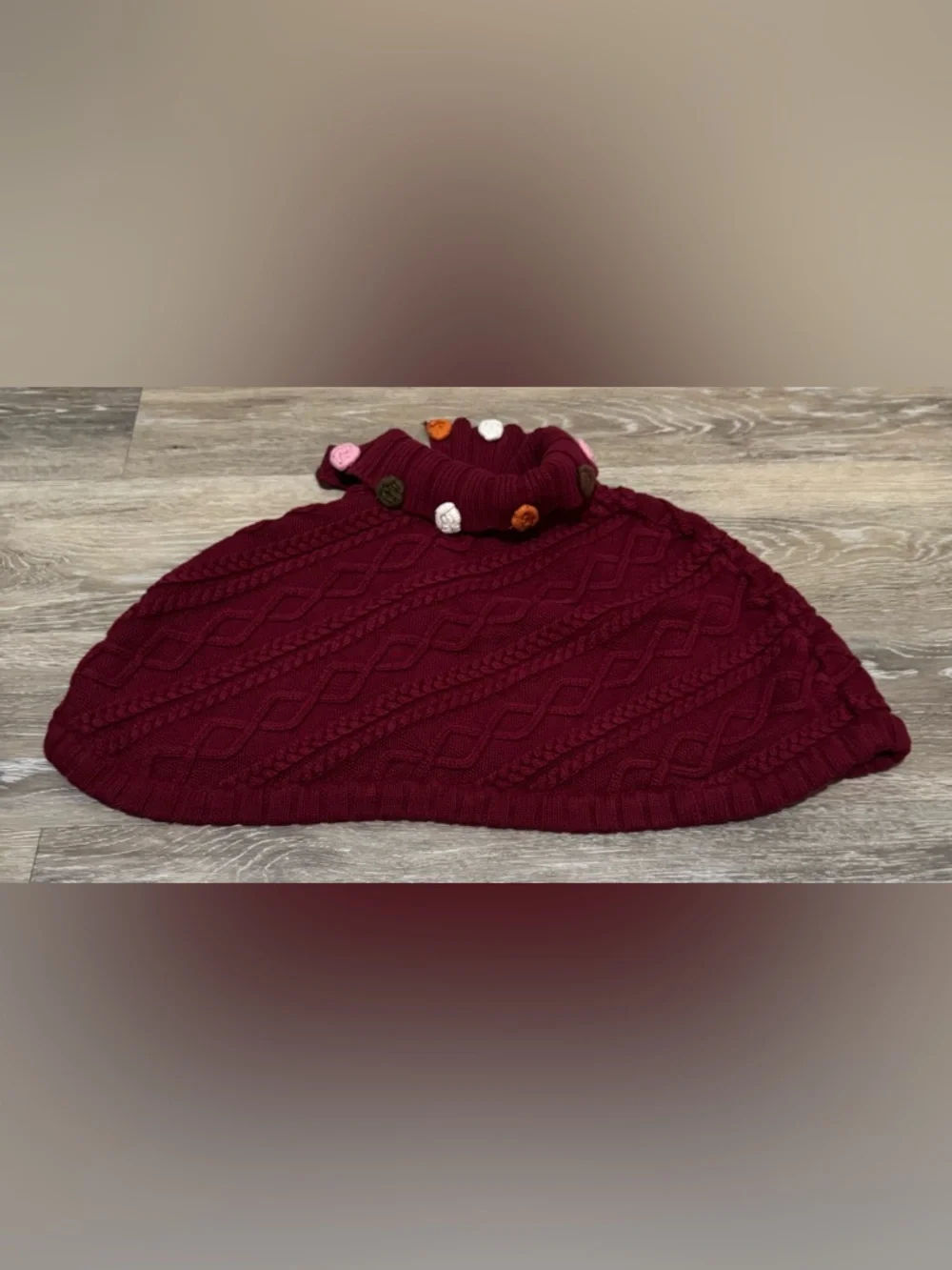 Gymboree Maroon Cable Knit Button Cape with Pom Accents